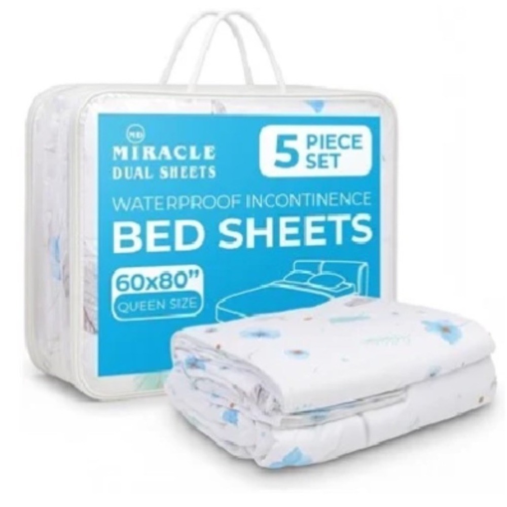 Miracle Dual Sheets Waterproof Incontinence Bed Sheets Queen 5pc Set Floral New